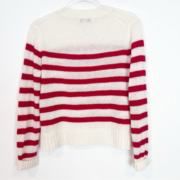 WHITE + WARREN CASHMERE WHITE RED STRIPE CREWNECK PULLOVER SWEATER SZ SMALL - Picture 2 of 5